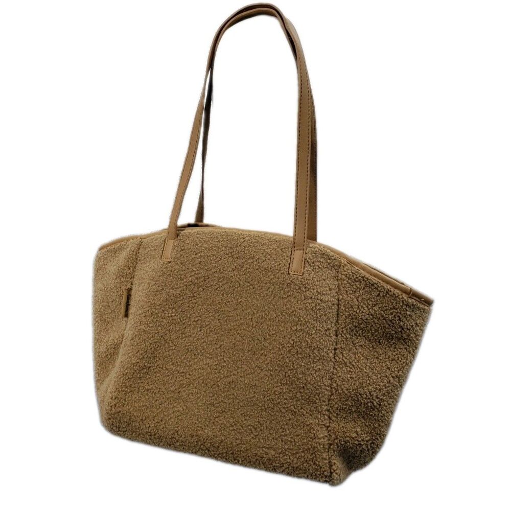 Neiman Marcus Tote Bag Tan Faux Shearling Leather Sherpa Fleece 11 x 11 x 5